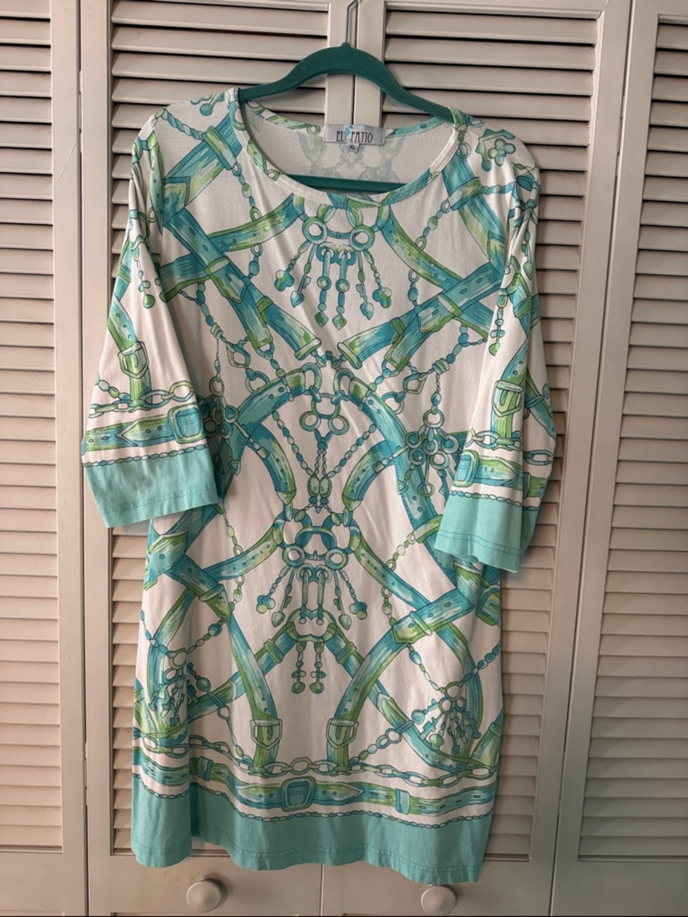 El Patio Teal, lime,& White Patterned Shift Dress. Sz XL